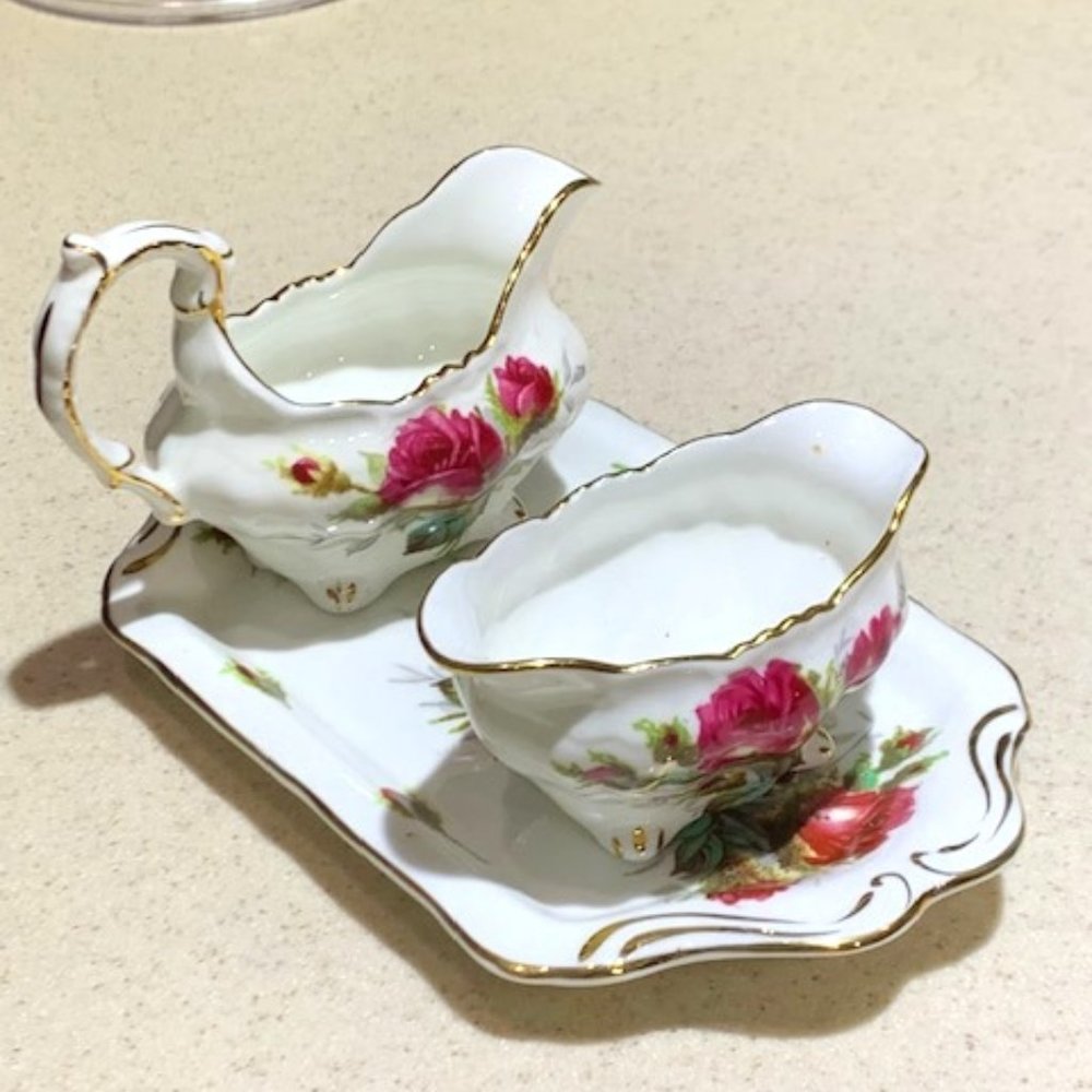 Vintage Collectible Hammerseley Grandmother's Rose Creamer & Sugar with Tray